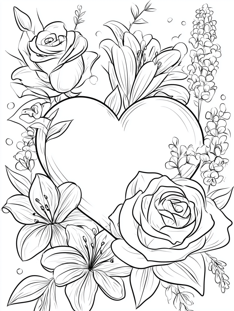 Blumen und Herzen – Malvorlage