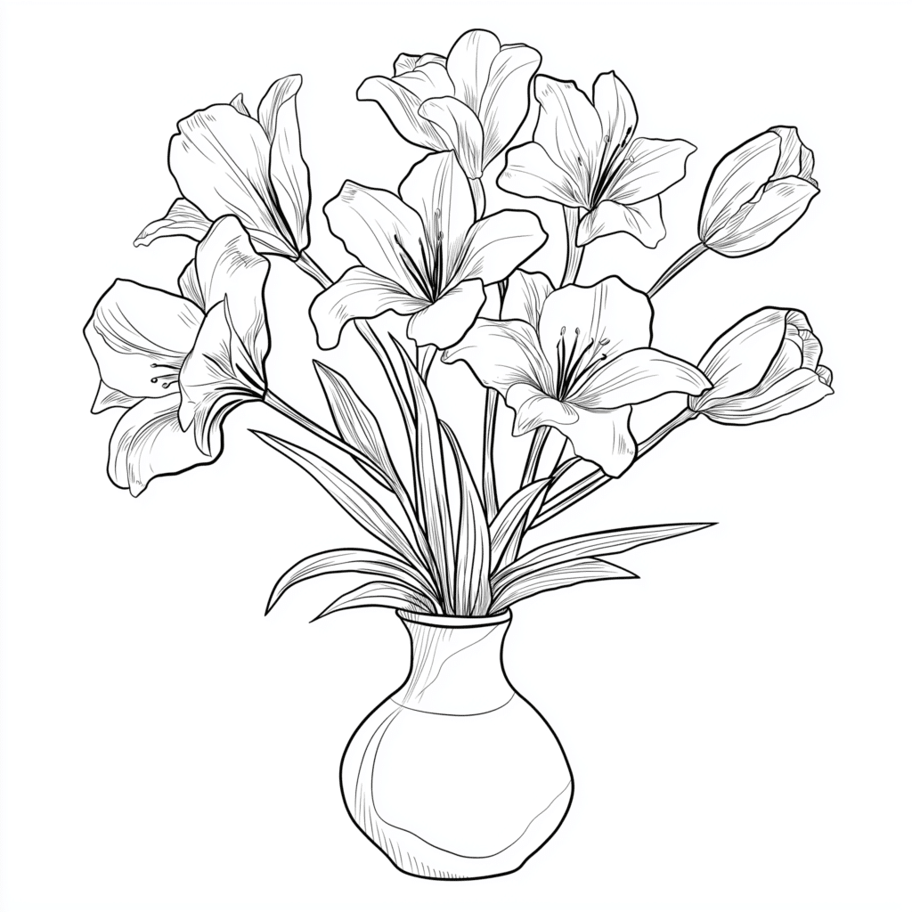 lilies and tulips in a vase flowers – colouring page