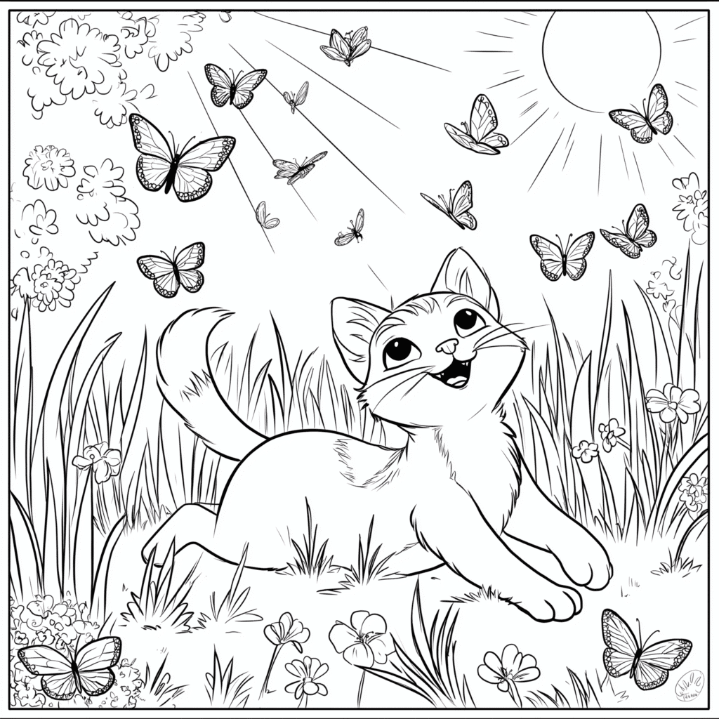Gato apanha borboletas – desenho para colorir