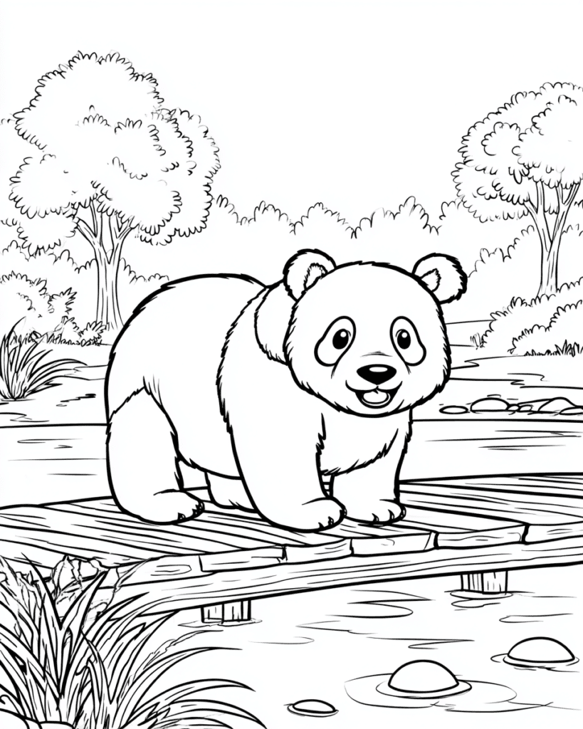 Pandabär auf dem Steg – Malvorlage