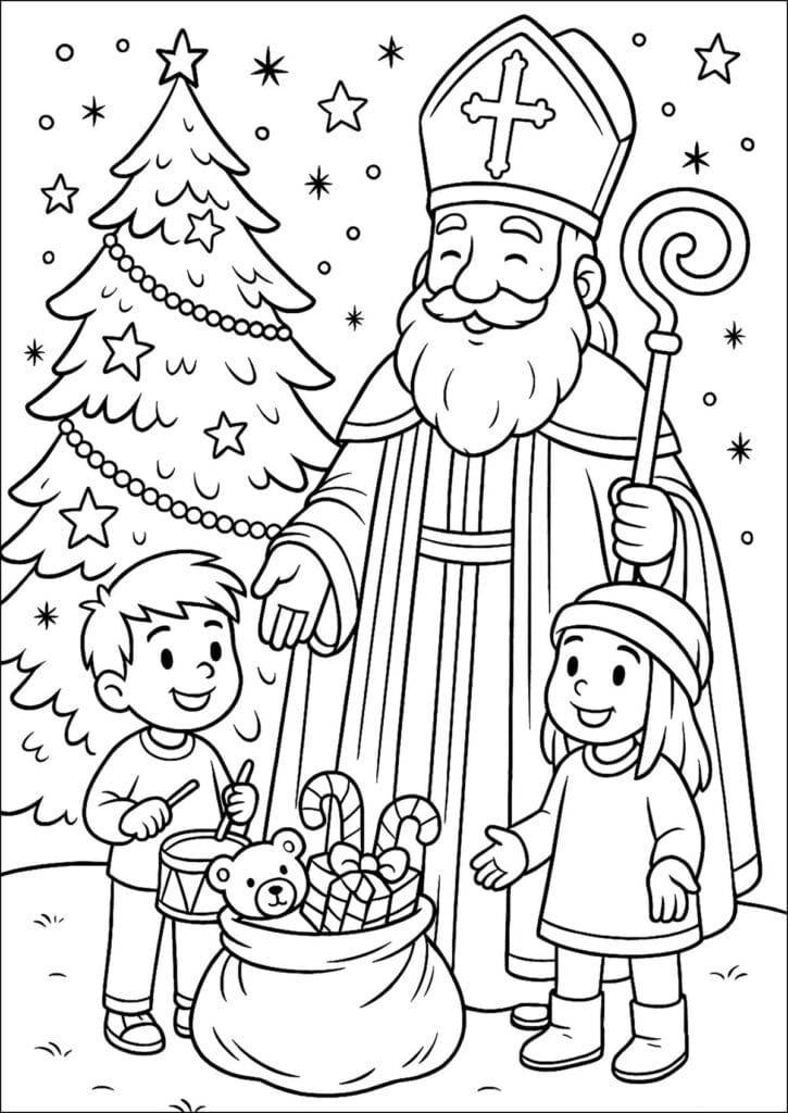 São Nicolau dá presentes às crianças – desenho para colorir