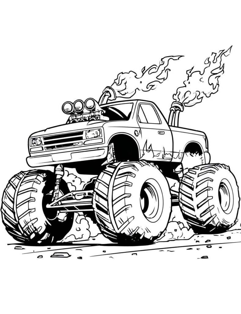 Monster truck mit Flammen – Malvorlage