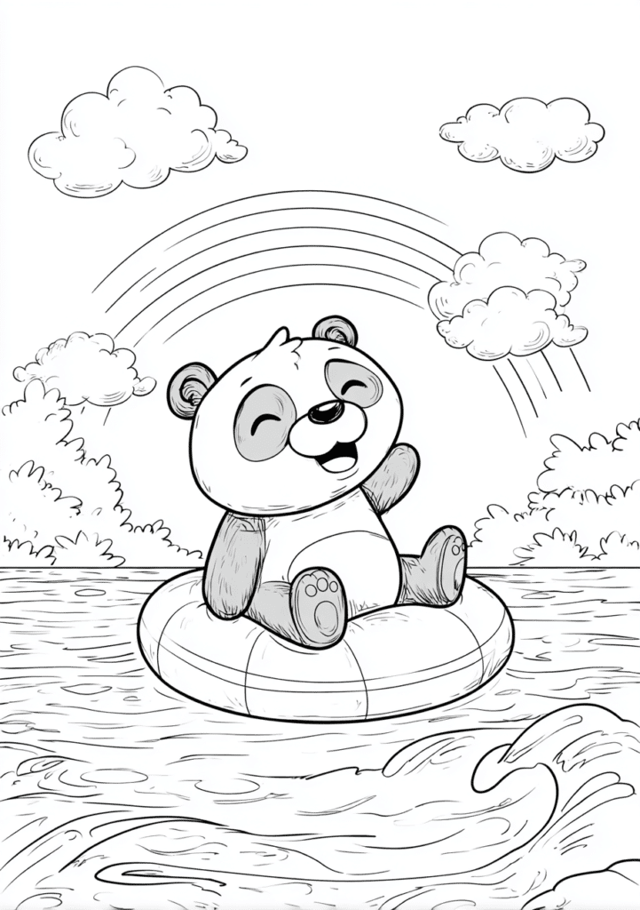 Panda di atas ban renang – halaman mewarnai