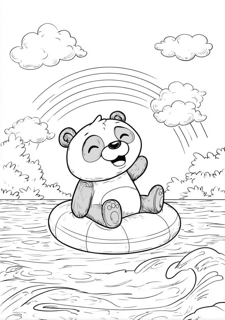 Panda pe un colac de înot – fișă de colorat