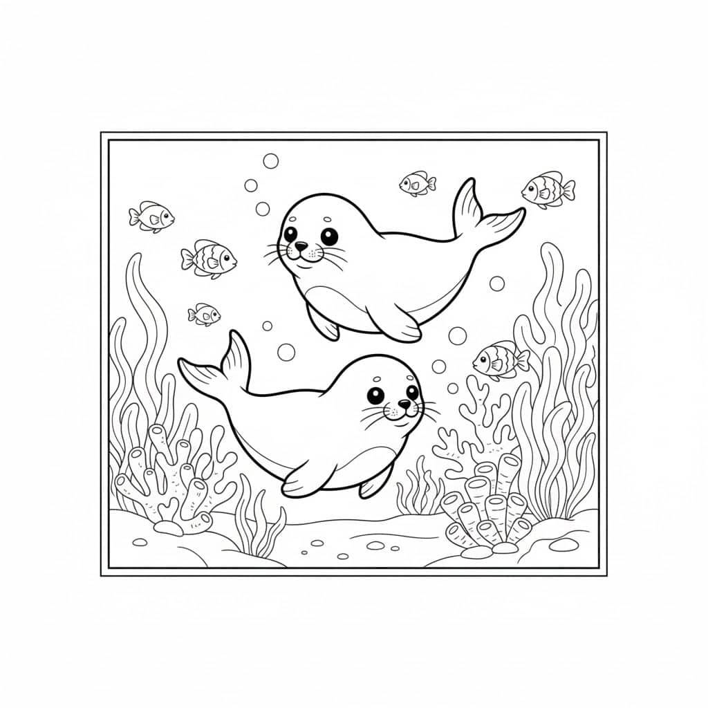 Swimming baby seals – colouring page