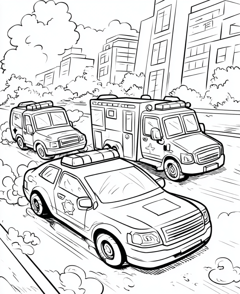 Polizeiauto und Krankenwagen – Malvorlage