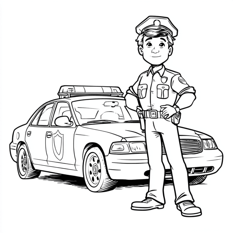 policeman in front of a police car – Malvorlage