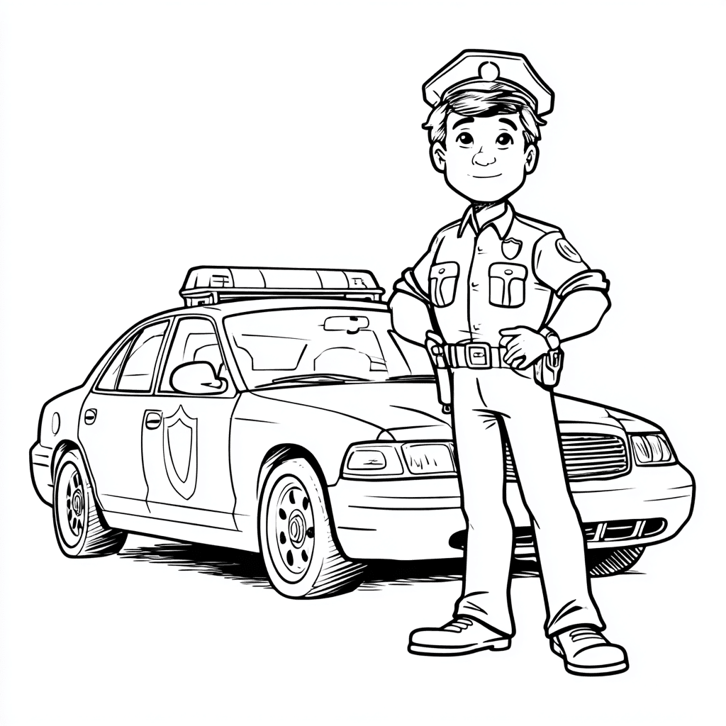 policeman in front of a police car – Malvorlage