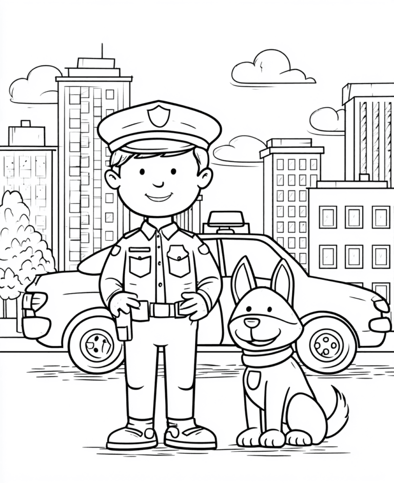 policist s policijskim psom in avtomobilom – pobarvanka
