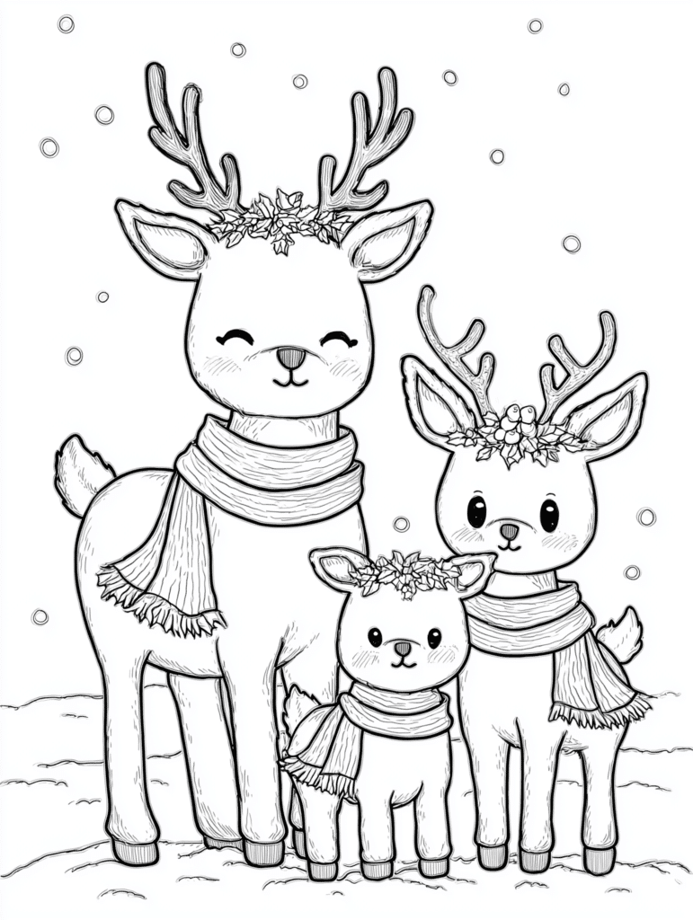Uma família de renas no inverno – desenho para colorir