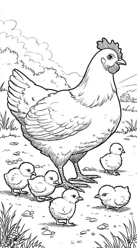 Hen and little chicks – colouring page
