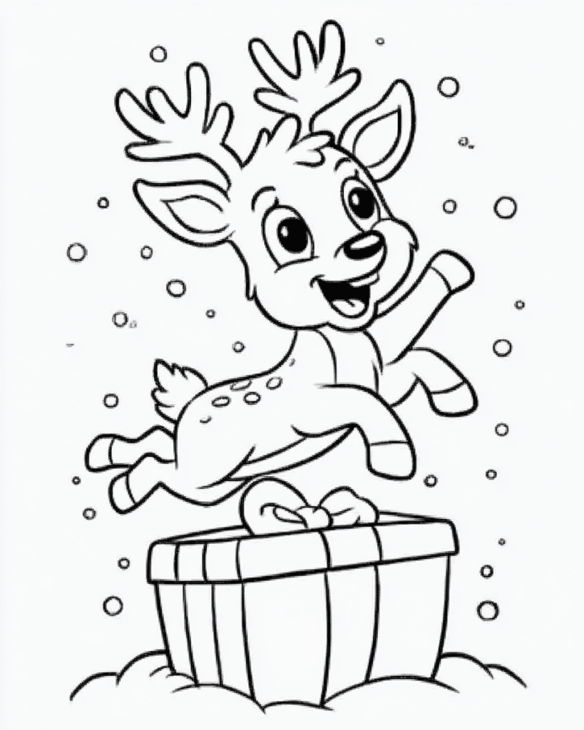 Reindeer jumping over a gift – colouring page