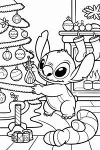 Stitch menghiasi pohon Natal – halaman mewarnai