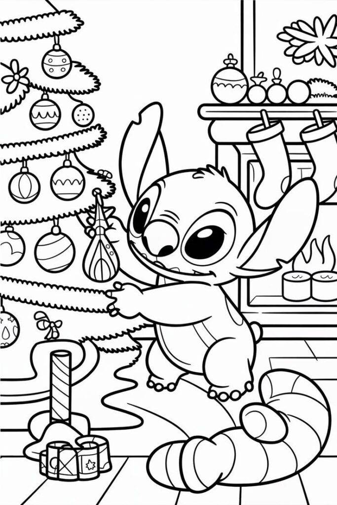 Stitch zdobí choinka bożonarodzeniowa – kolorowanka