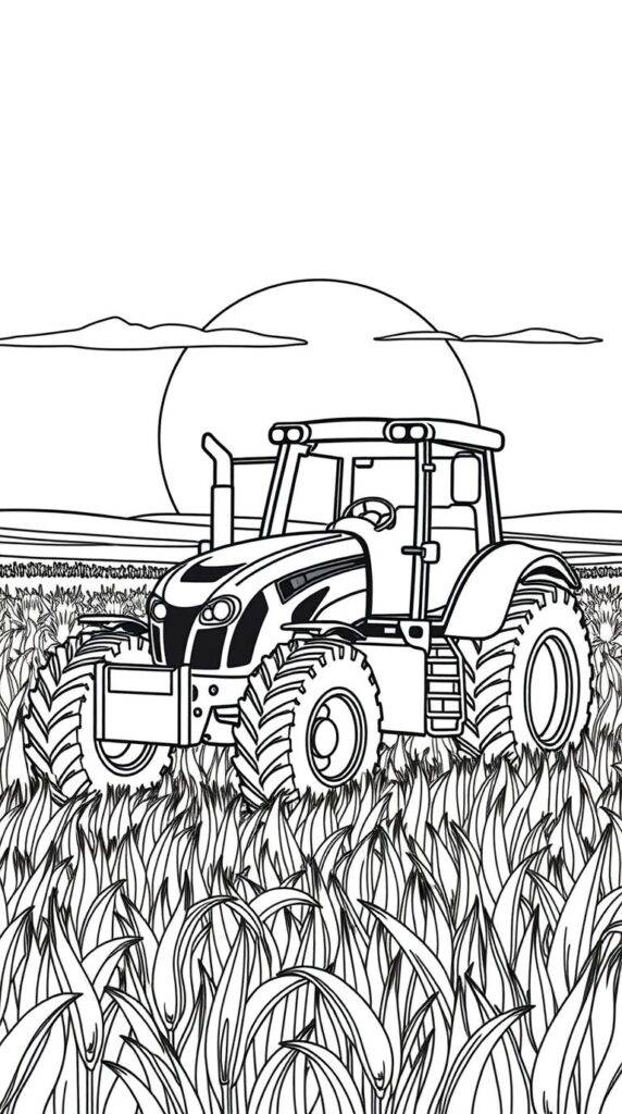 Traktor při západu slunce – omalovánka