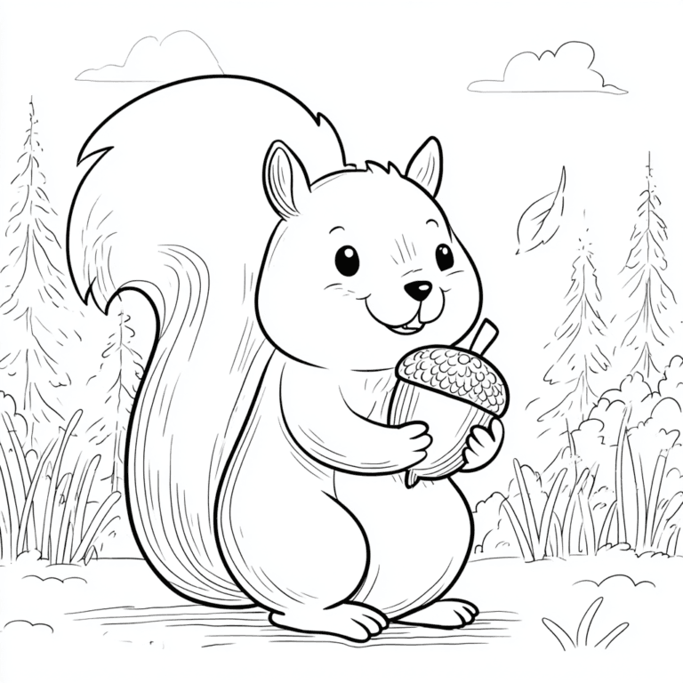 A squirrel holding a nut – colouring picture