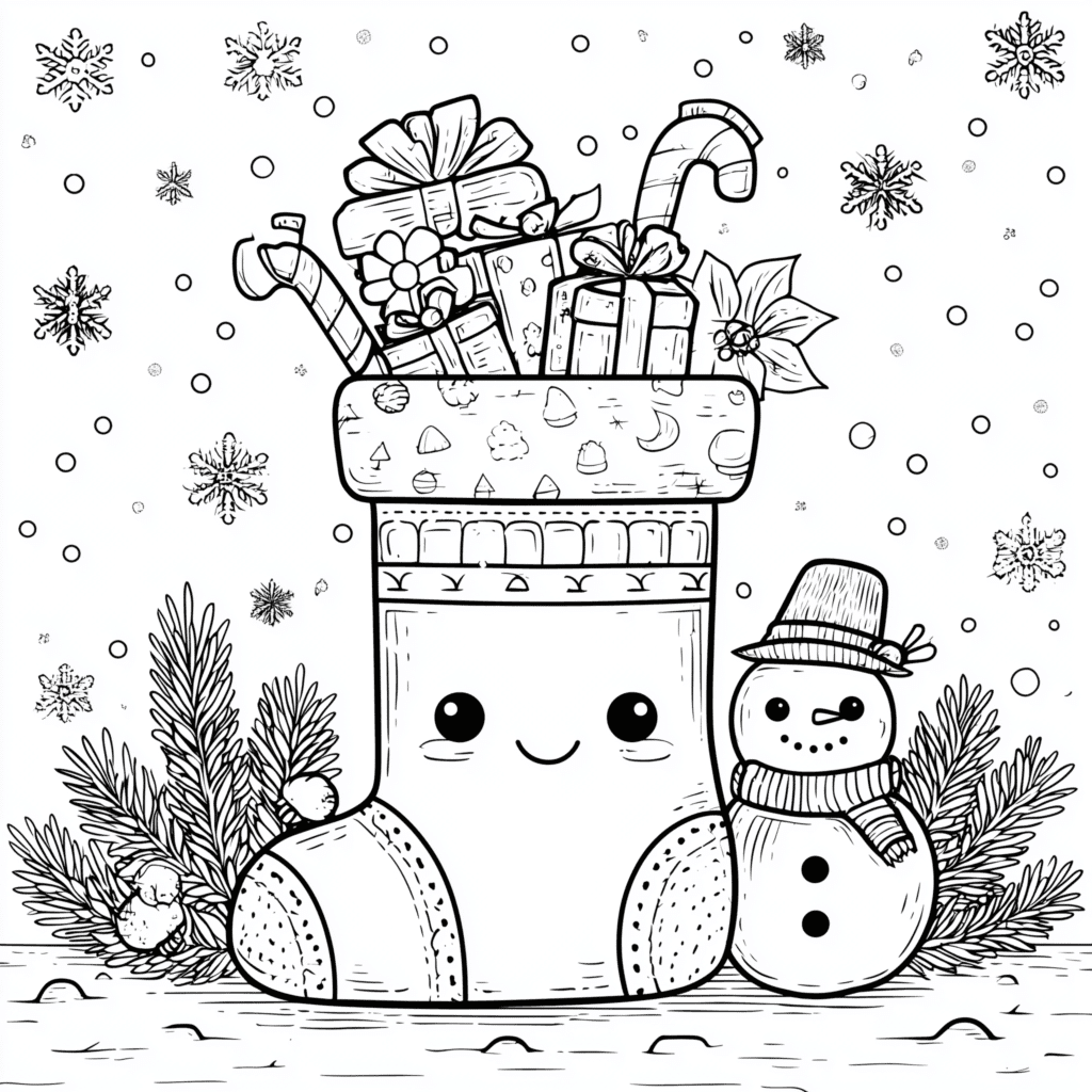Meia de Natal e boneco de neve – desenho para colorir