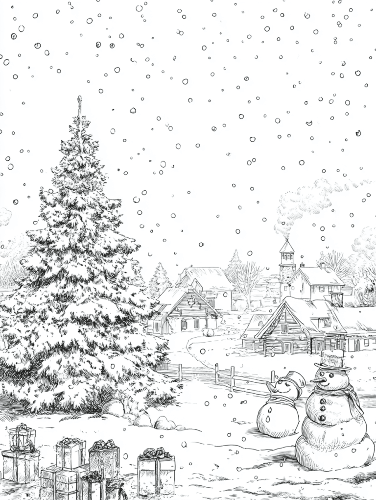 Weihnachtswinterlandschaft – Malvorlage