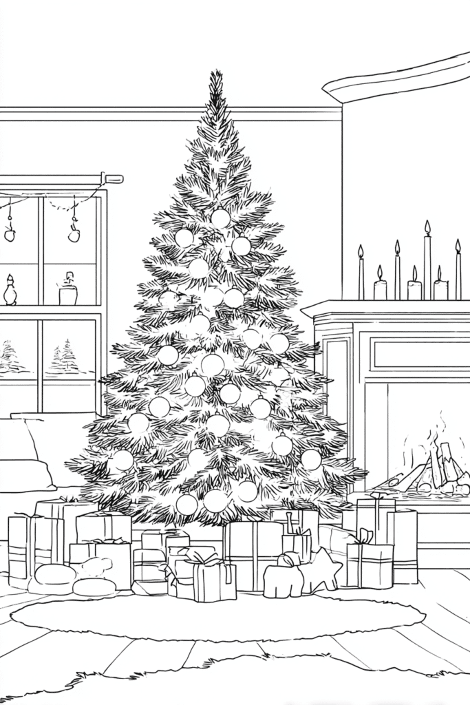 Weihnachtsbaum im Haus – Malvorlage
