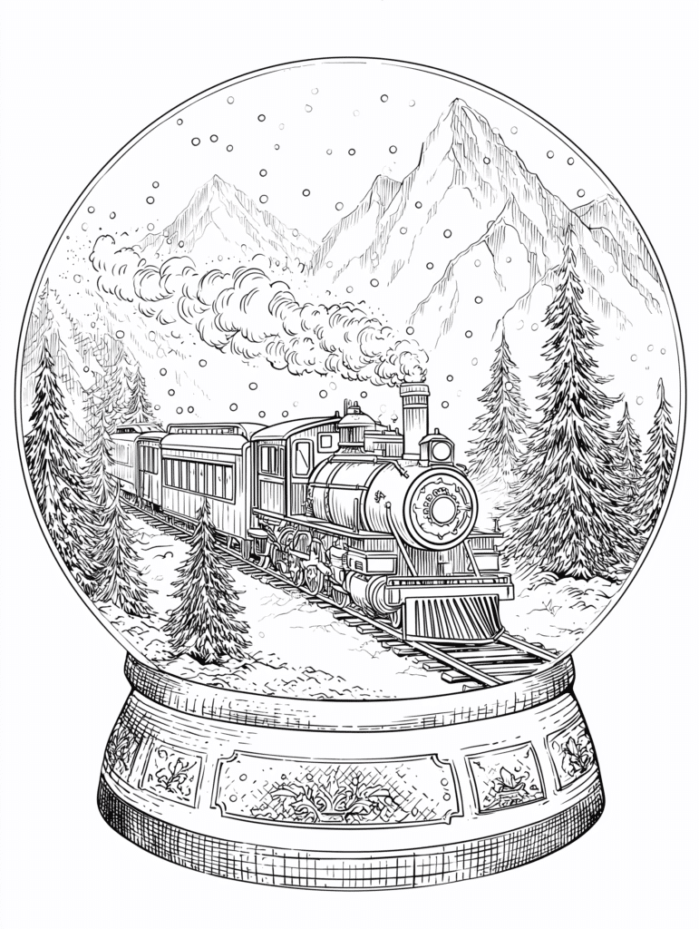 Christmas train in a snow globe – colouring page