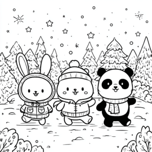 Zajko macko a panda v zime – omaľovánka