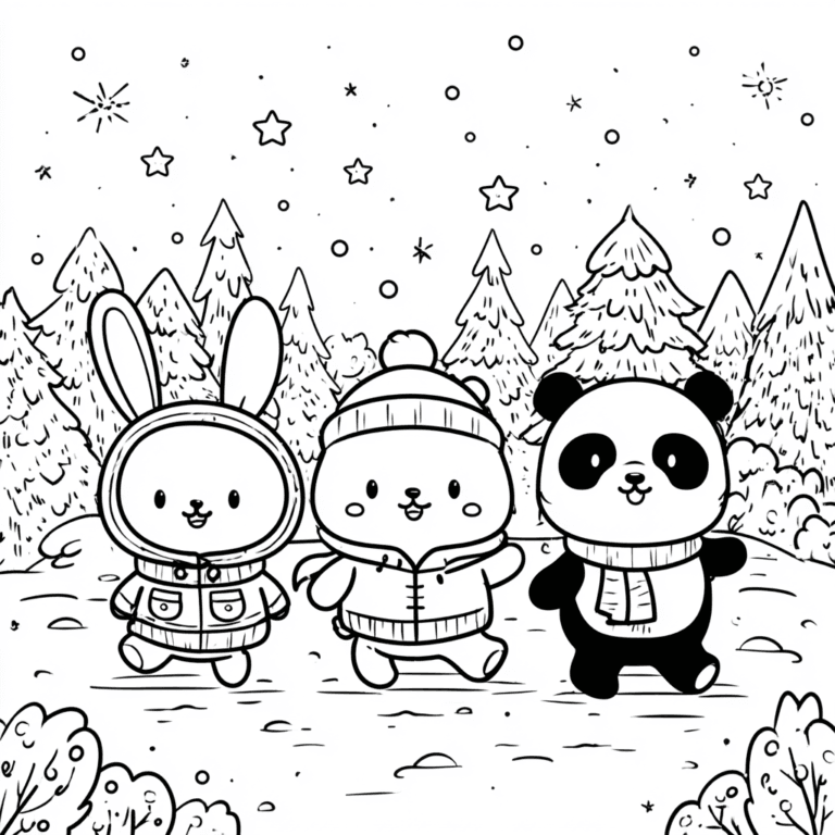Hase, Bär und Panda im Winter – Malvorlage