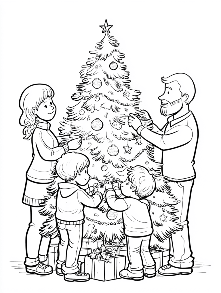 Decorating the Christmas tree – colouring page