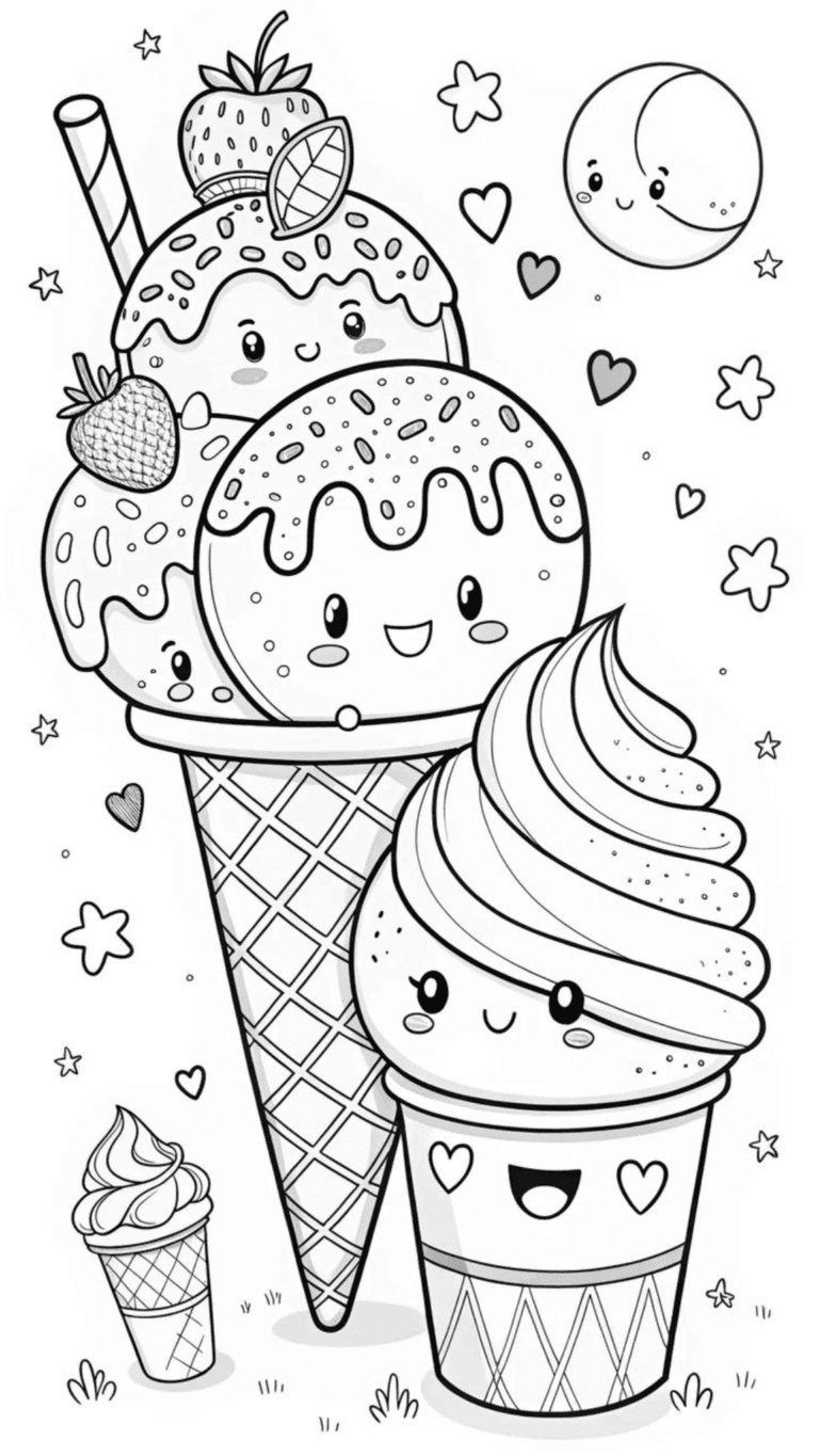 Ice cream in cones and cups – colouring page