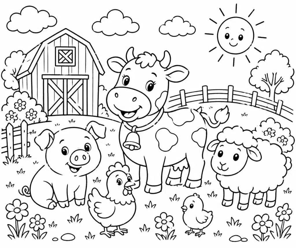 Happy farm full of animals – colouring page
