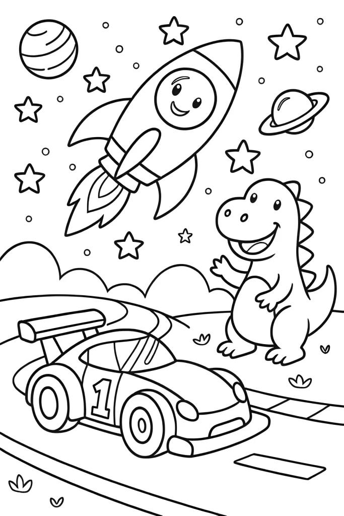 Raketa, dinosaurus a auto – omalovánka