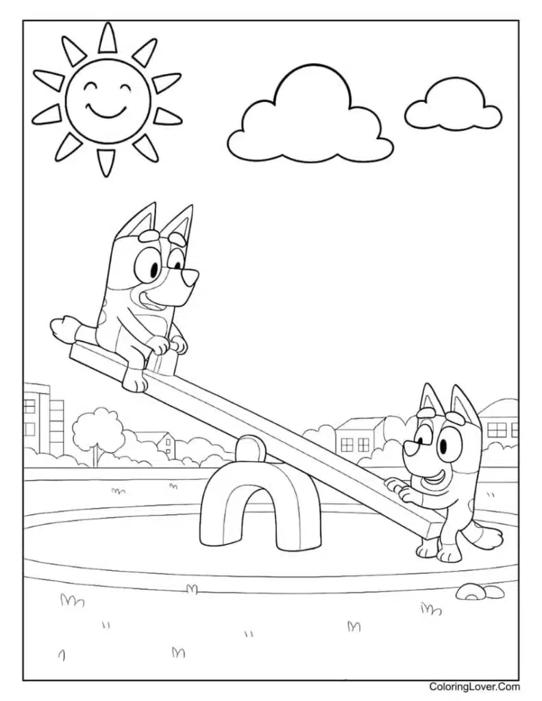 Bluey e Bingo no balanço – desenho para colorir