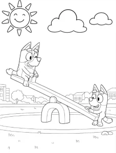 Bluey dan Bingo di ayunan – halaman mewarnai
