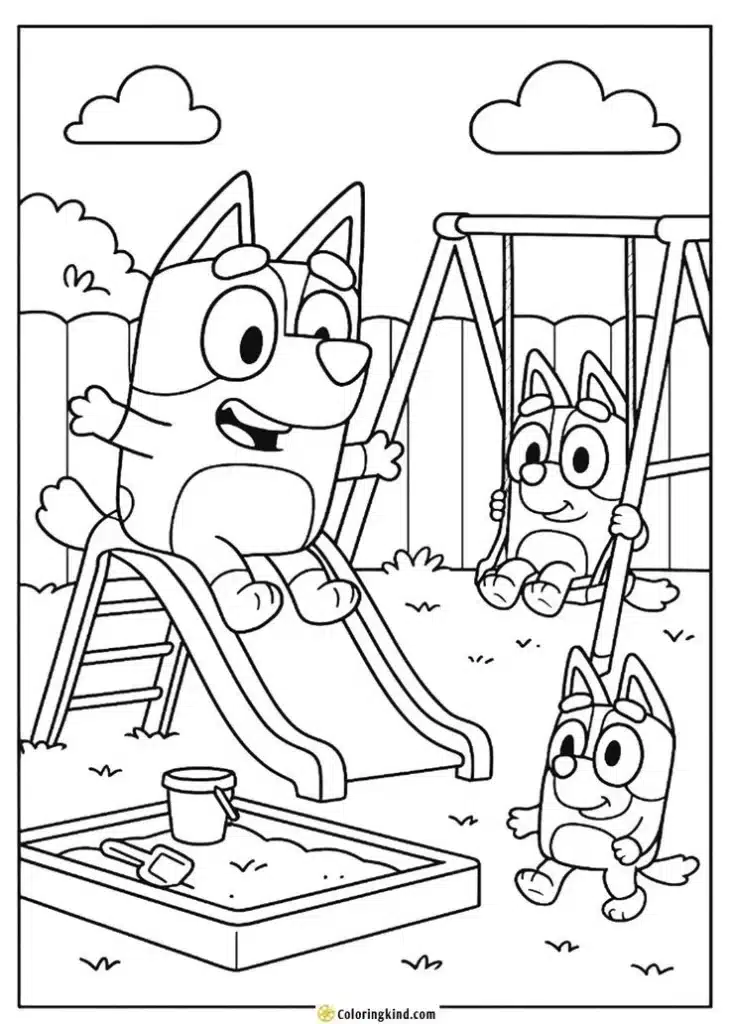 Bluey and Bingo at the playground – colouring page