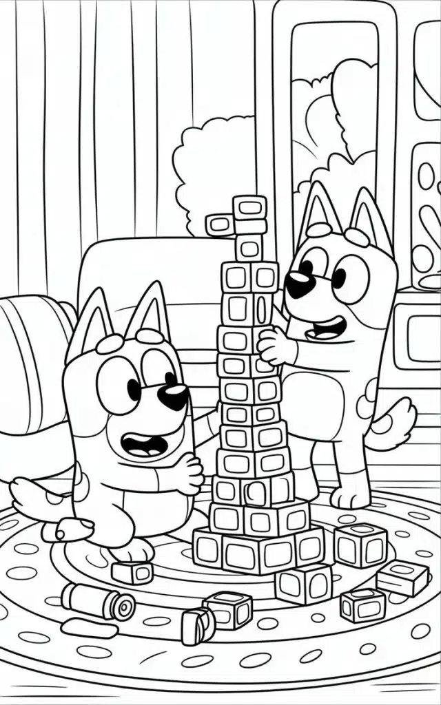 Bluey a Bingo staví věž – omalovánka
