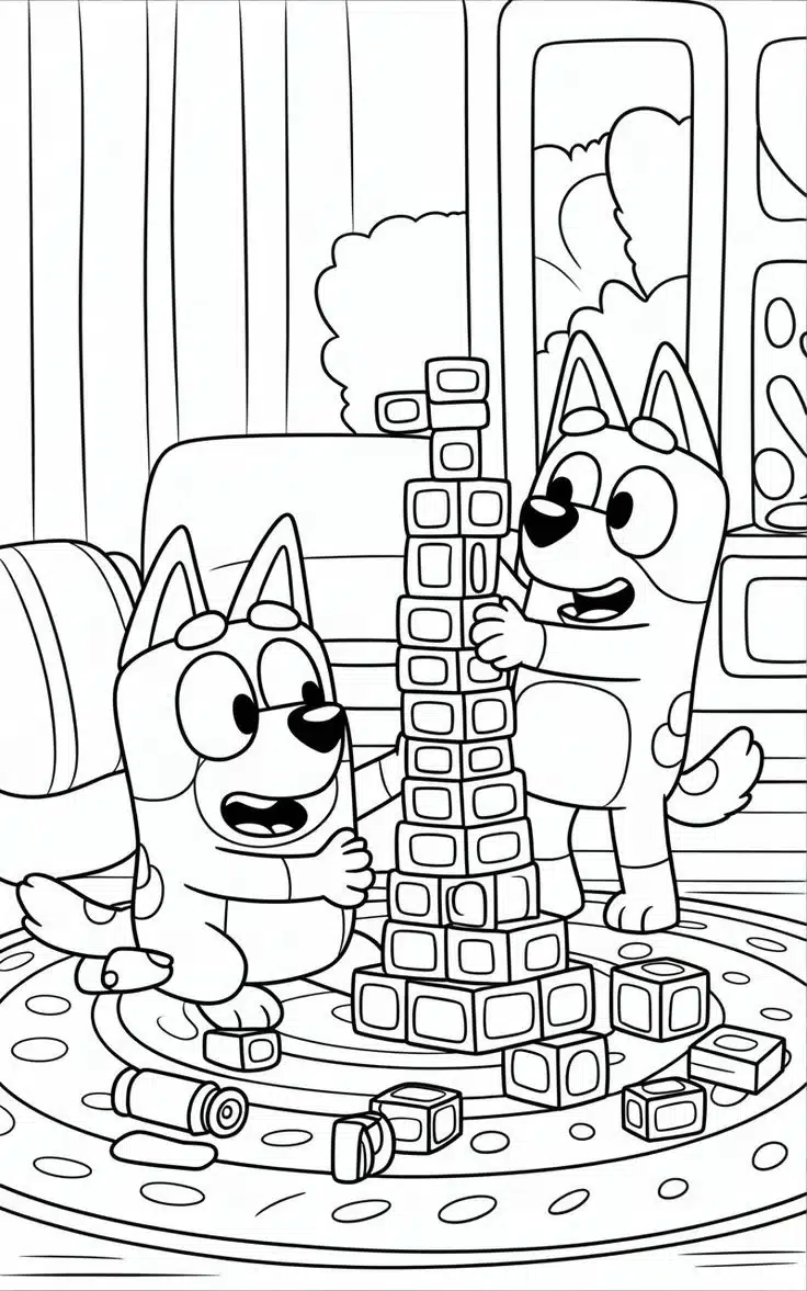 Bluey i Bingo budują wieżę – kolorowanka