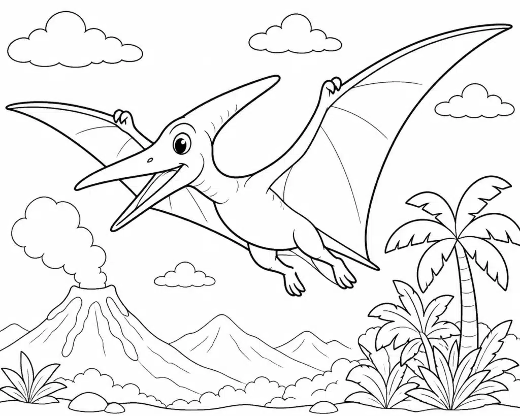 Dinozaver Pterodaktilj, ki leti nad vulkanom – pobarvanka