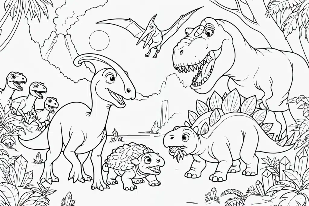 Dinozavri t-rex, parasaurolofus, stegozaver – pobarvanka