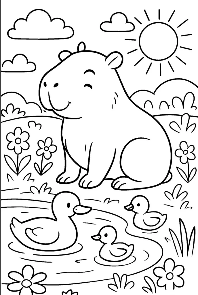 Capybara și rațe – fișă de colorat