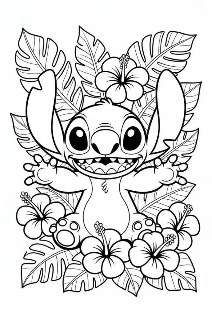 Stitch among flowers – fișă de colorat