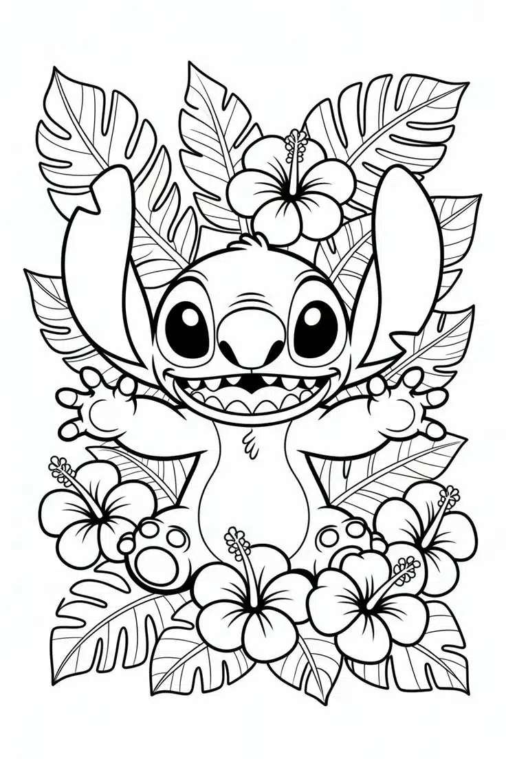 Stitch v kvetoch – omaľovánka