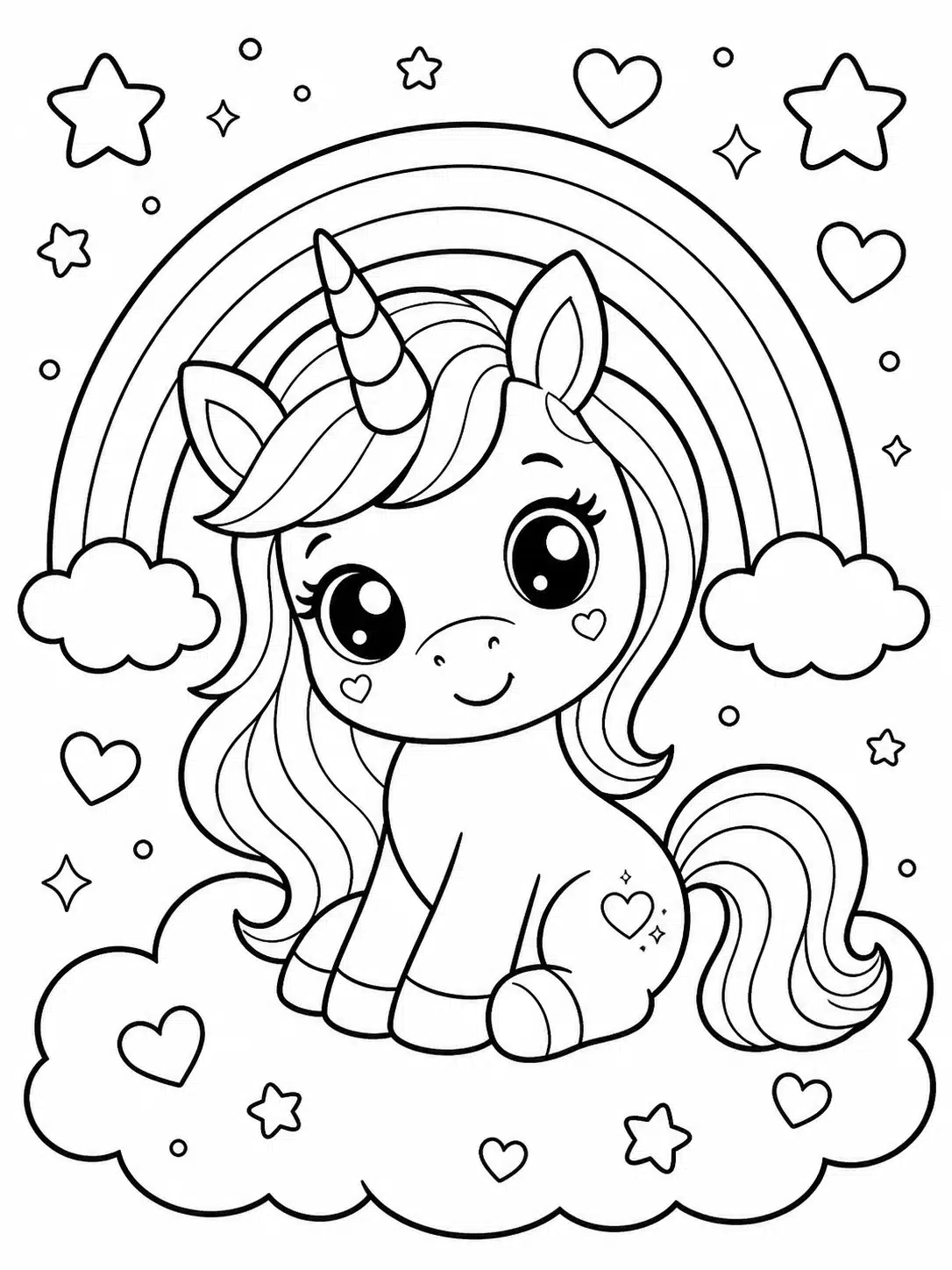 Unicorn lucu dengan pelangi dan bintang – halaman mewarnai