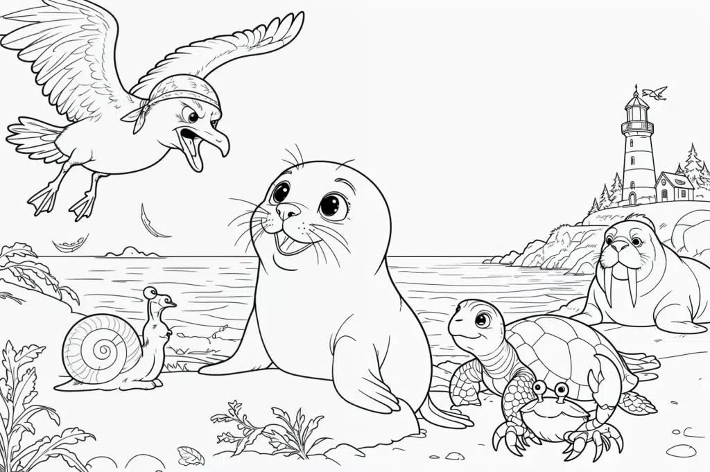 Seal pup and the mystery of the calm sea – colouring page
