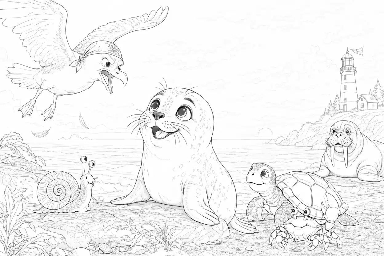 Seal pup and the mystery of the calm sea colouring page