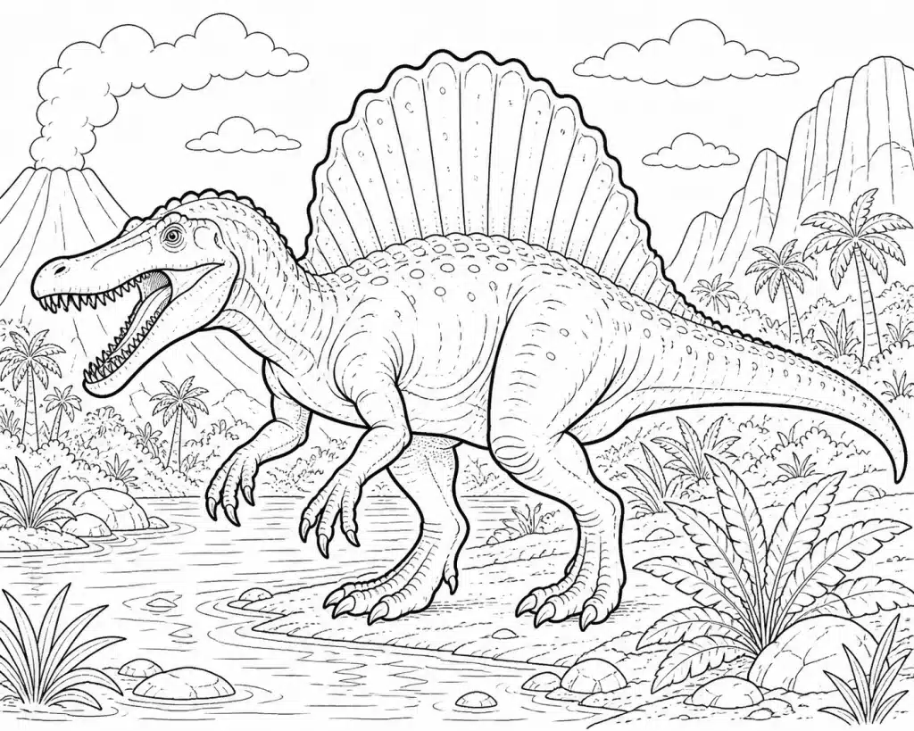 Großer Spinosaurus am Fluss – Malvorlage