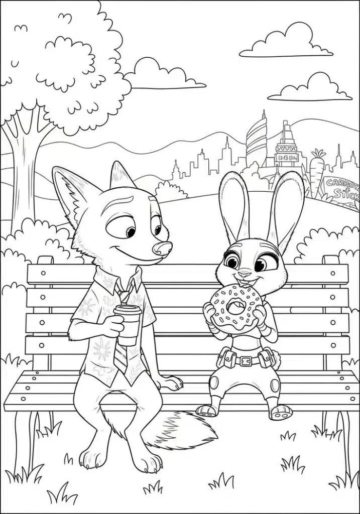 Zootropolis Judy dan Nick di bangku cadangan – halaman mewarnai