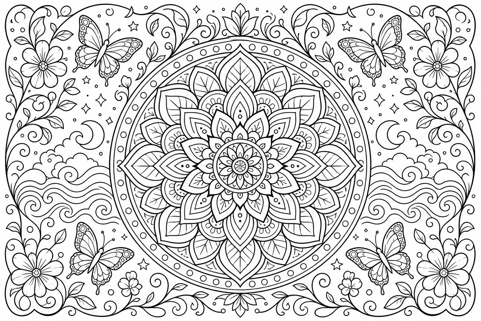 Antystresowa kolorowanka – mandala z kwiatami i motylami