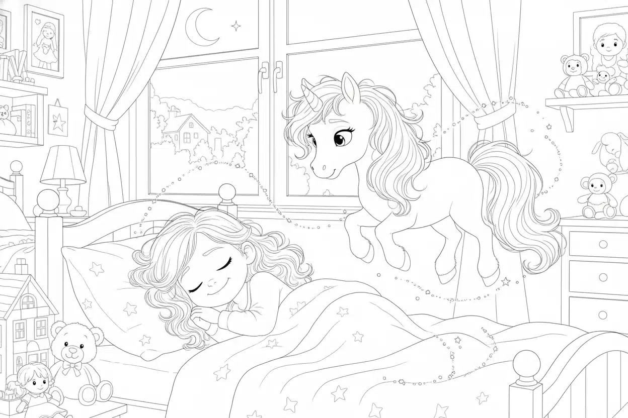 gadis kecil Stelka tidur dengan kuda poni – halaman mewarnai