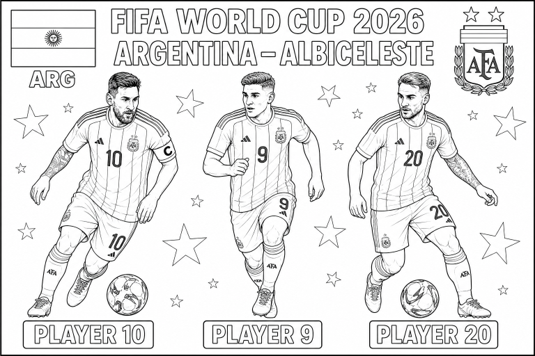 FIFA 2026 – Argentinien, Messi, Álvarez und die Aufstellung der Albiceleste – Malvorlage