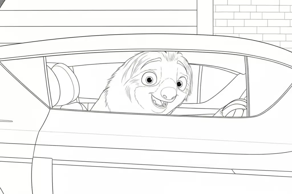 Flash in car Zootropolis – colouring page