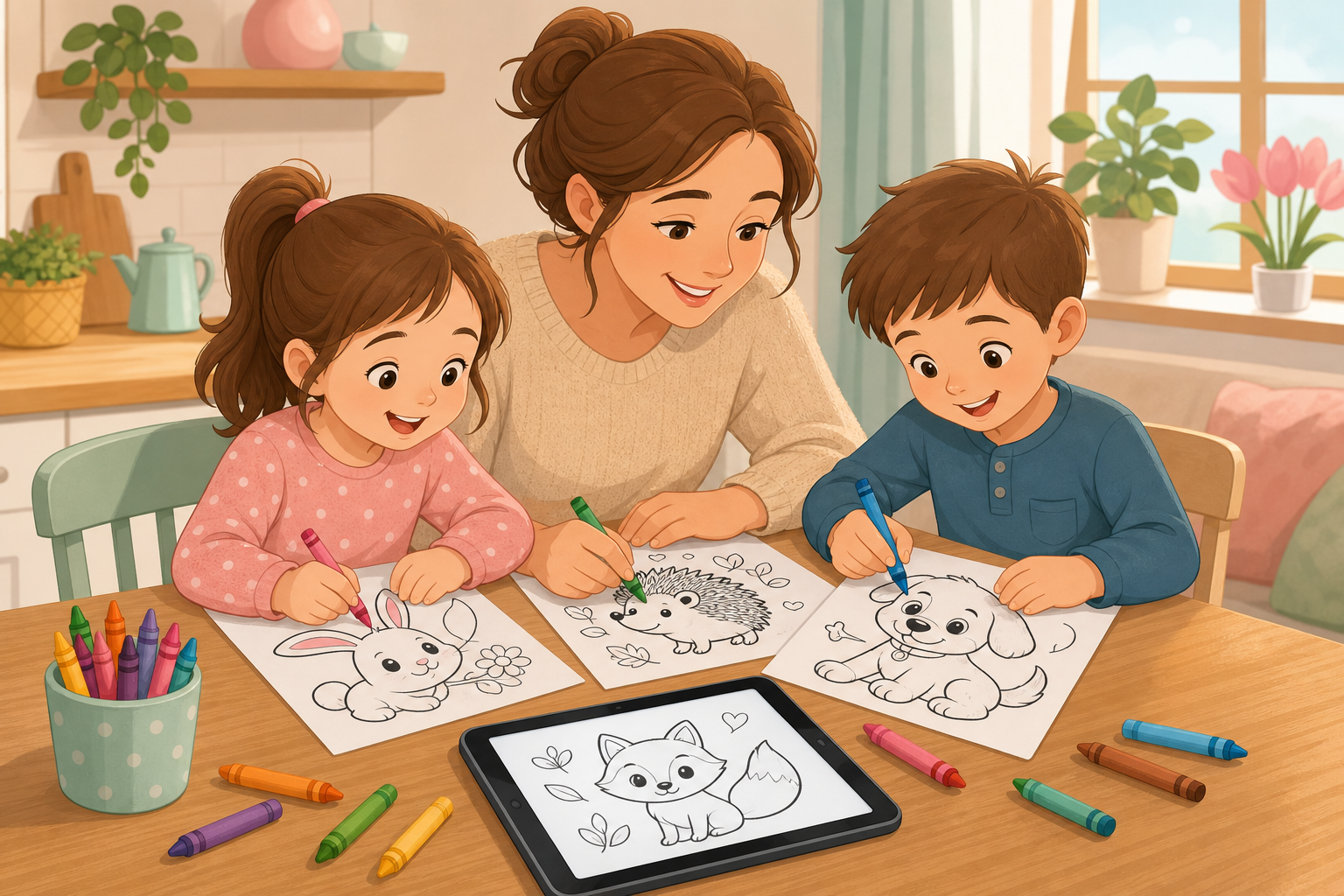 Parents and children are colouring in colouring pages at the table – free printouts, PDFs and online colouring
